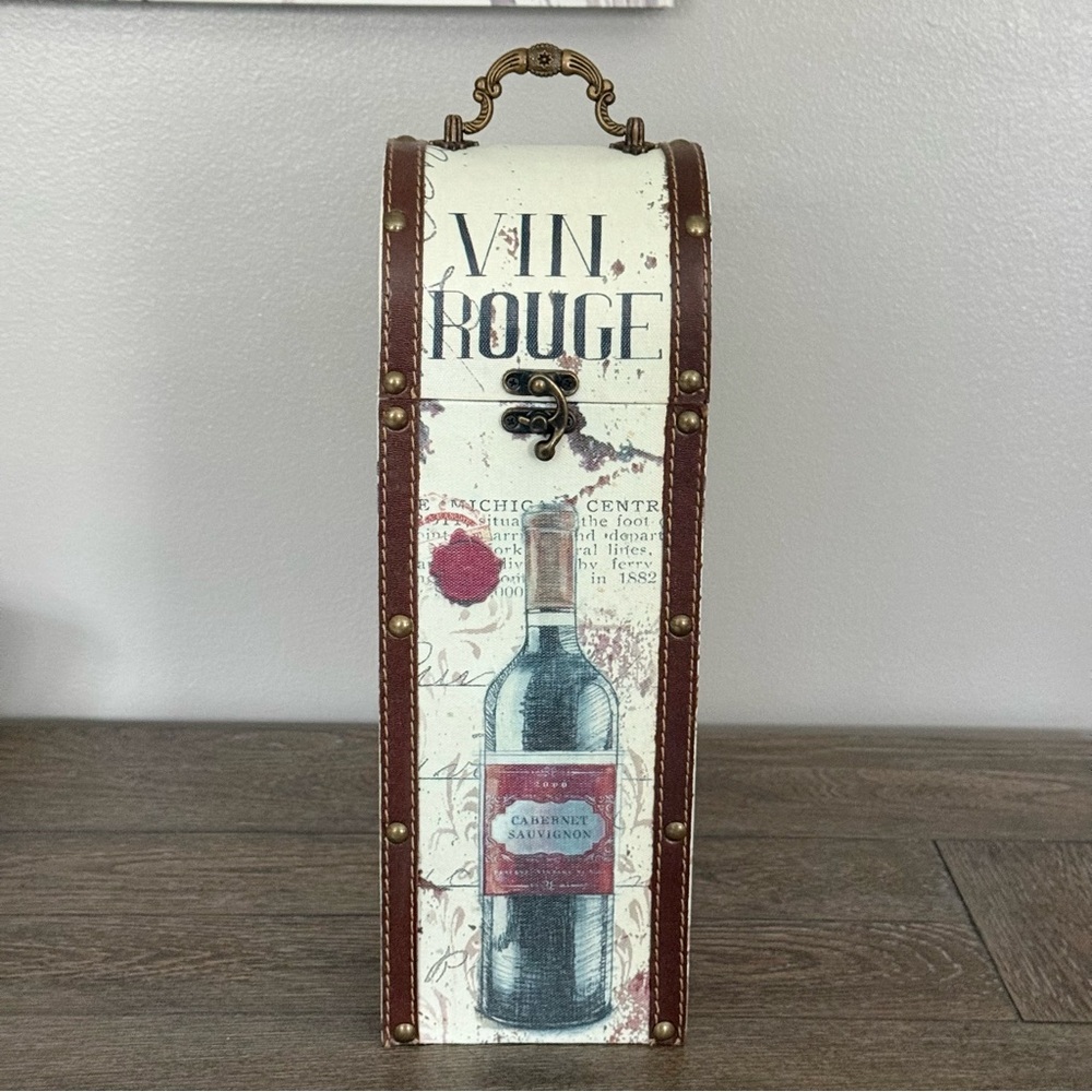 Wooden Decorative Vin Rouge Wine Box w/ Leather Riveted Edge & Hinged Arched Top